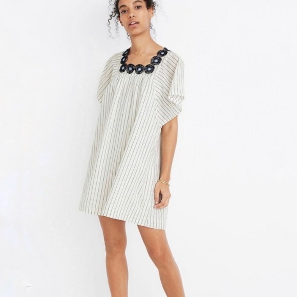 Madewell Striped Embroidered Dress XS White Blue - Picture 1 of 4